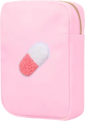 BLOC Bags Travel Makeup Bag, Cosmetic Bags for Women, Mini Makeup Bag, Cute Toiletry Bag, Beauty Bag with Chenille Patch, with Inside Zipper Pouch and Mesh Pockets (Pill, Baby Pink)