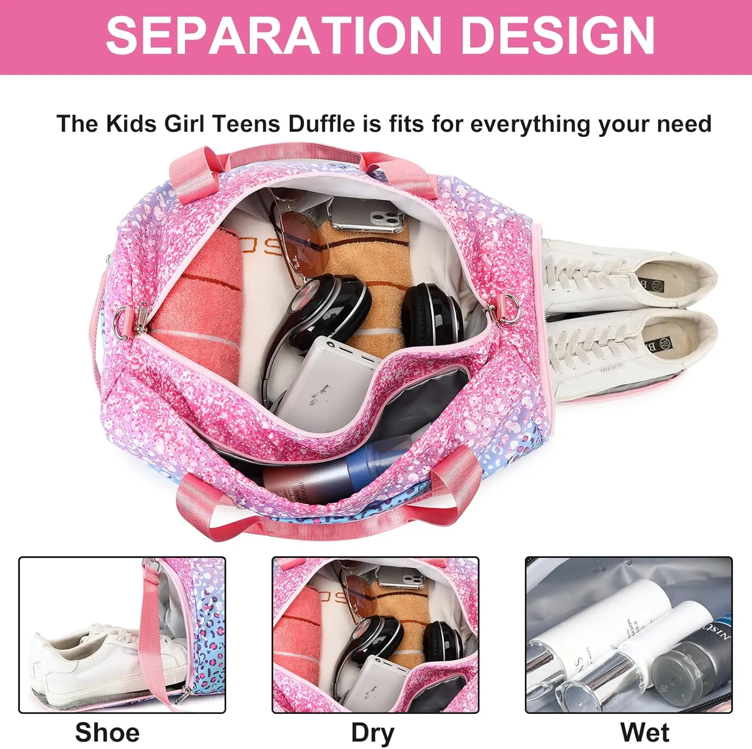 BLUBOON Duffle Bag Girls Kids Cute Gym Bag with Shoes Compartment & Wet Separation Waterproof Sports Overnight Travel Bag