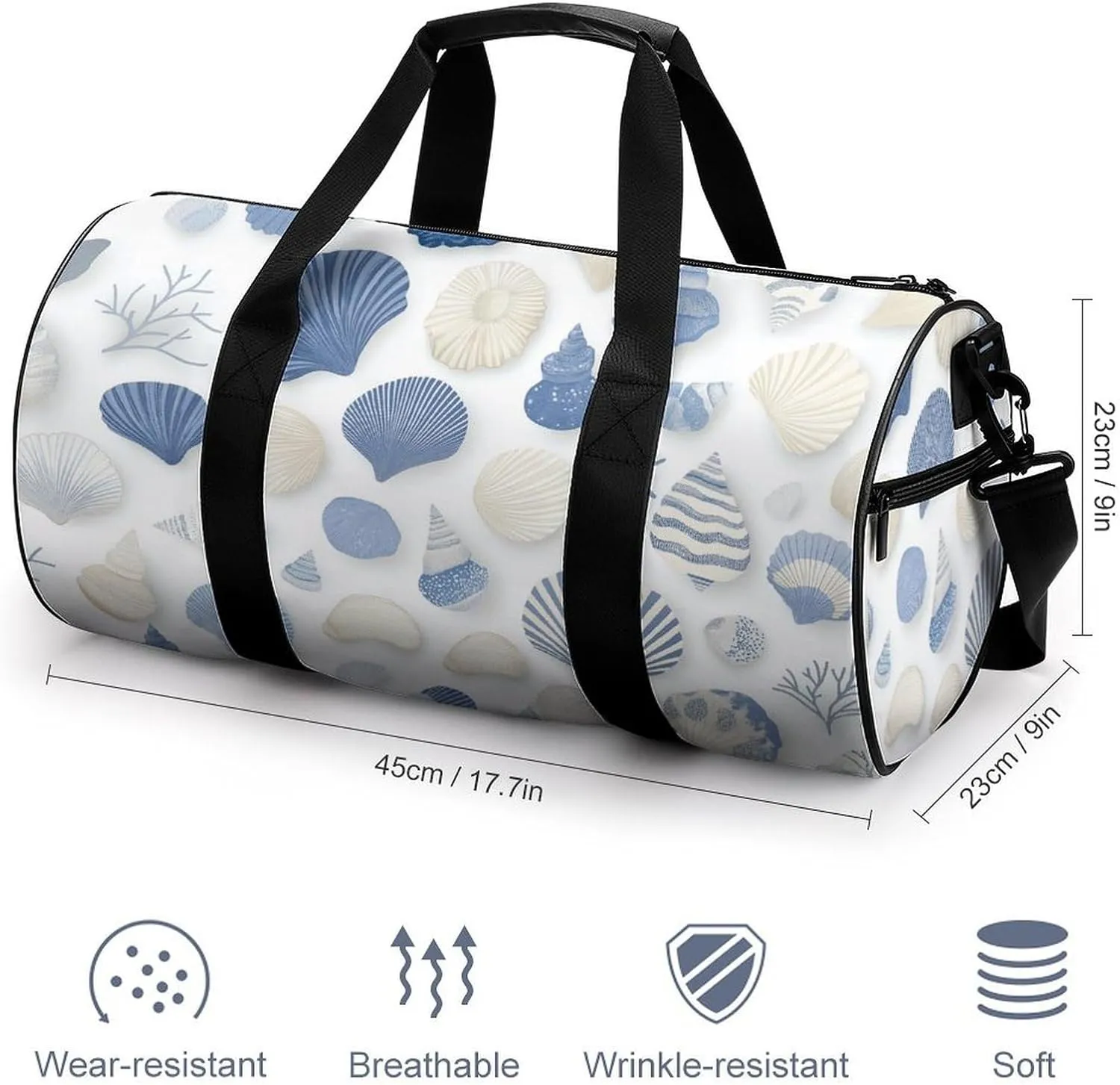 Blue And White Seashells Travel Gym Bag for Women Men Cylindrical Duffle Bag Sport Workout Bag with Shoulder Strap