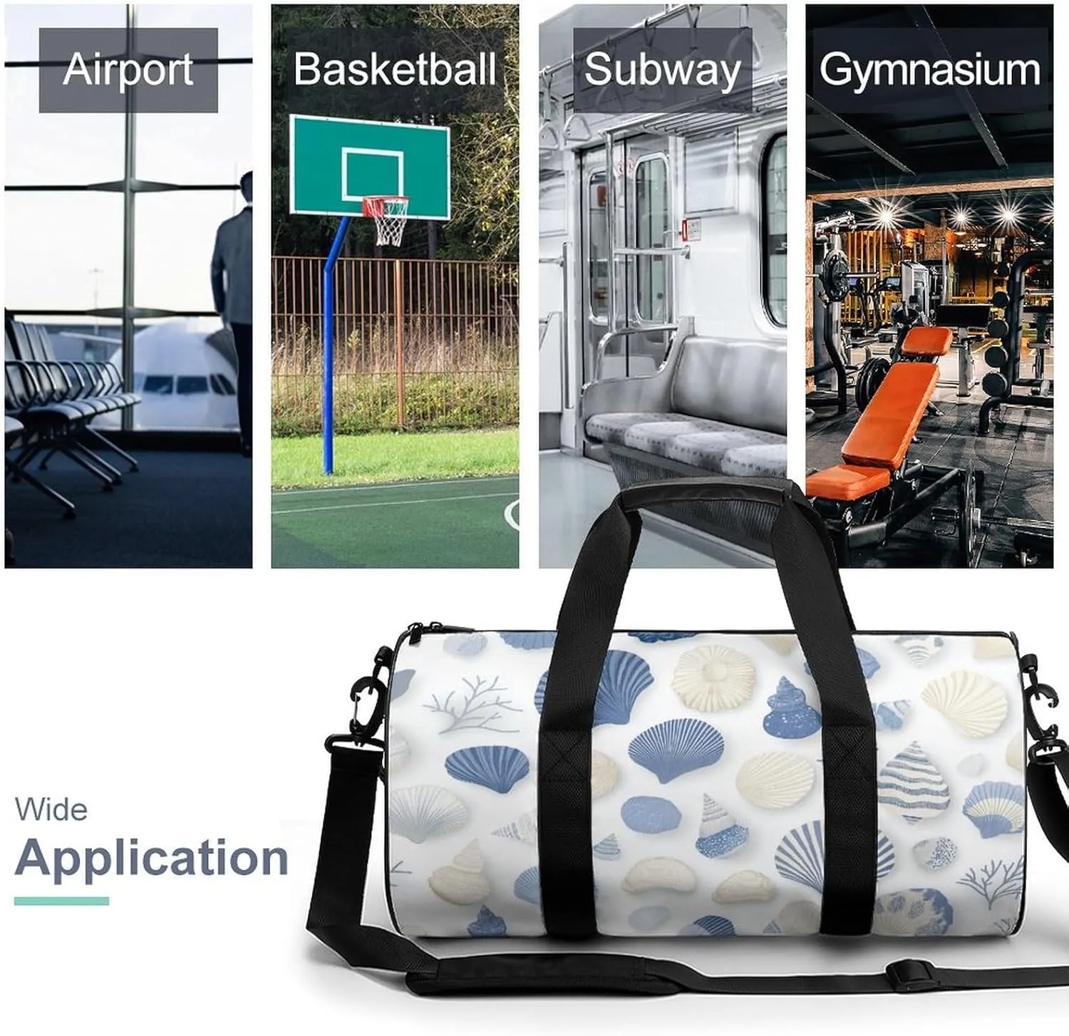 Blue And White Seashells Travel Gym Bag for Women Men Cylindrical Duffle Bag Sport Workout Bag with Shoulder Strap