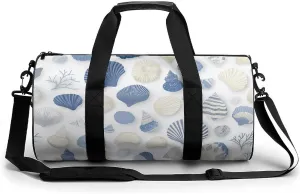 Blue And White Seashells Travel Gym Bag for Women Men Cylindrical Duffle Bag Sport Workout Bag with Shoulder Strap