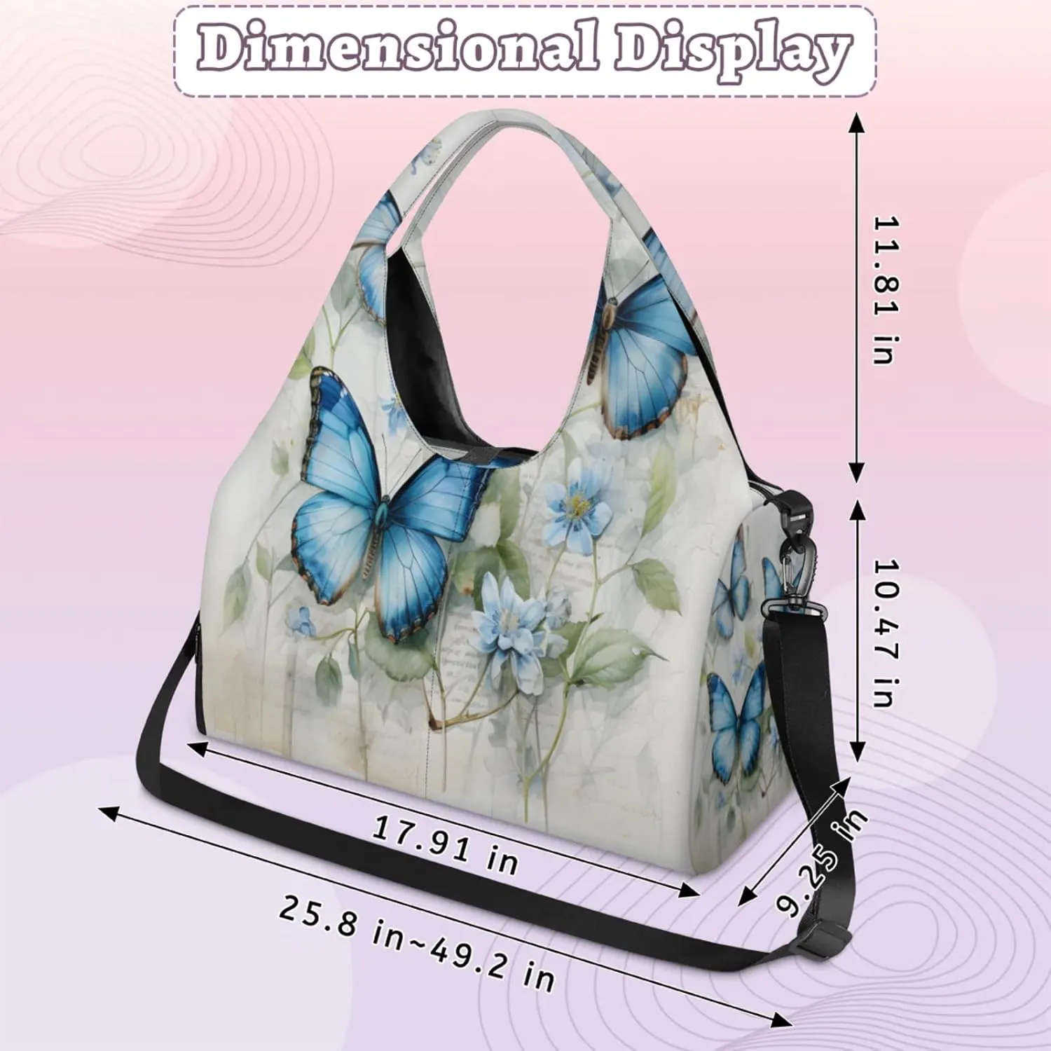 Blue Butterfly Floral Waterproof Gym Bag for Men Women, Sports Duffel Bag with Shoe Compartment Yoga Mat Holder, Portable Large Travel Bag for Fitness, Camping, Weekend Trips