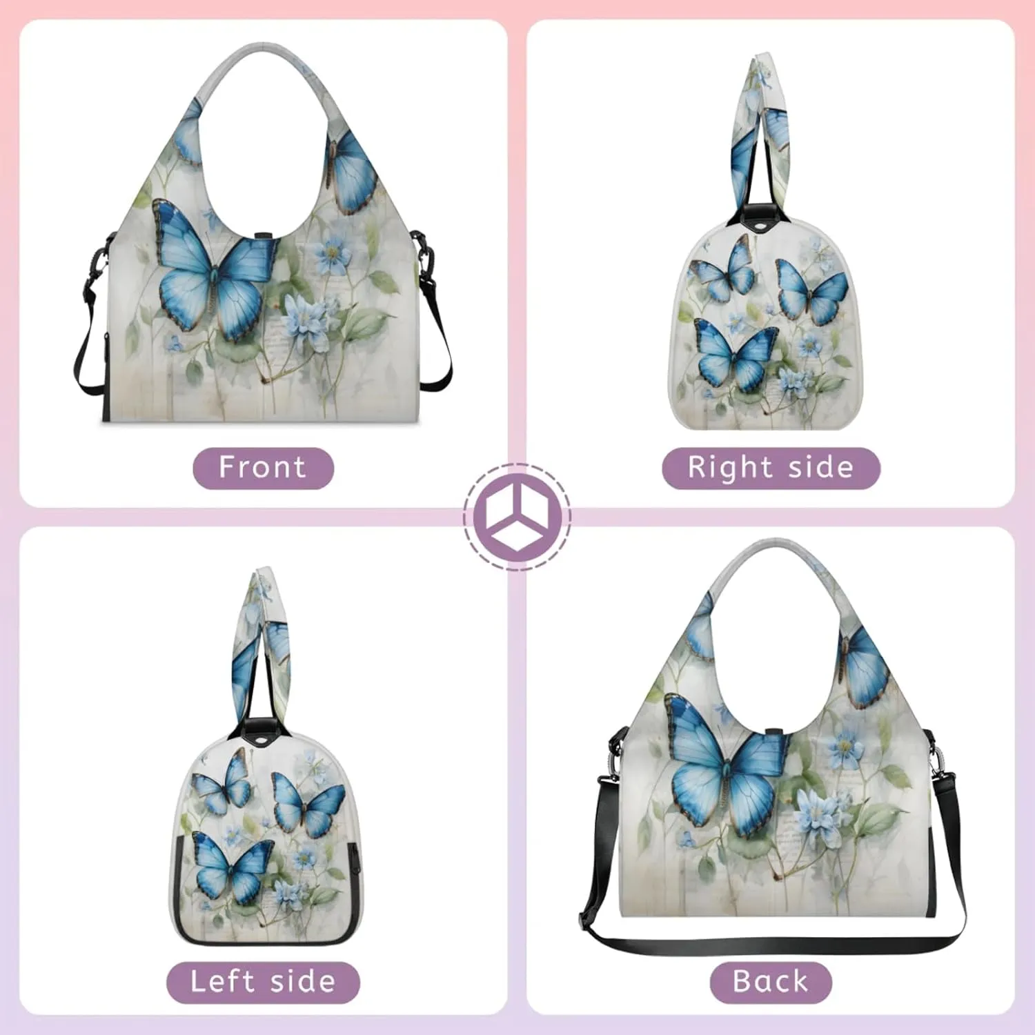 Blue Butterfly Floral Waterproof Gym Bag for Men Women, Sports Duffel Bag with Shoe Compartment Yoga Mat Holder, Portable Large Travel Bag for Fitness, Camping, Weekend Trips
