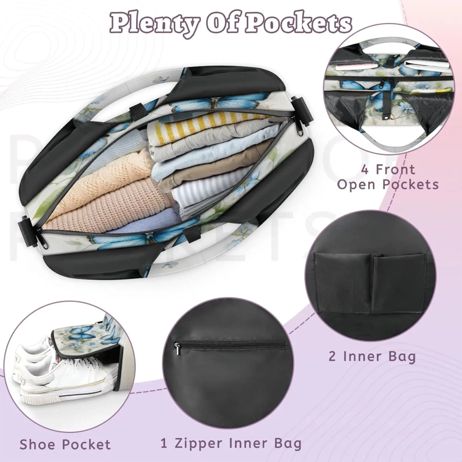 Blue Butterfly Floral Waterproof Gym Bag for Men Women, Sports Duffel Bag with Shoe Compartment Yoga Mat Holder, Portable Large Travel Bag for Fitness, Camping, Weekend Trips