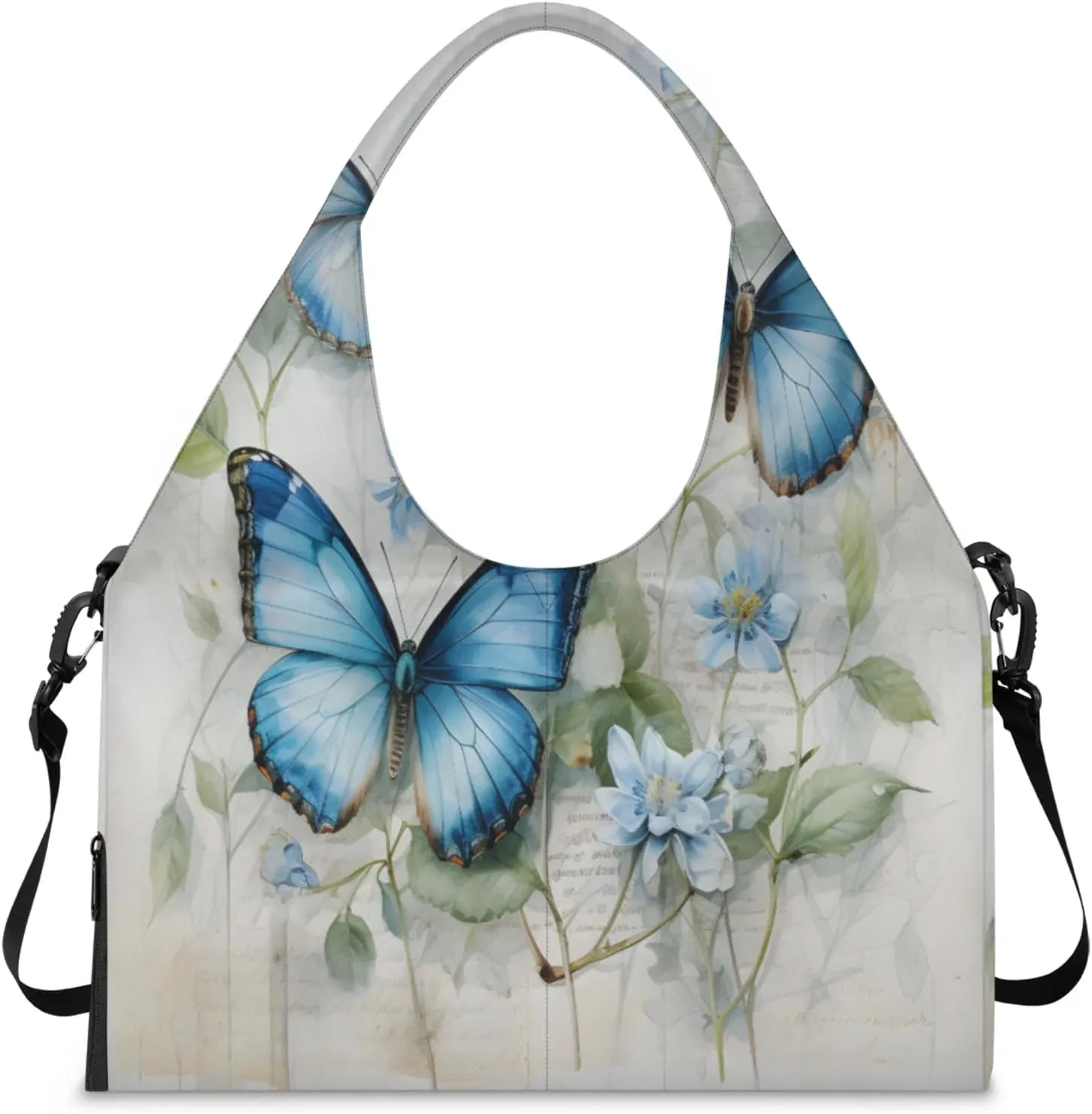Blue Butterfly Floral Waterproof Gym Bag for Men Women, Sports Duffel Bag with Shoe Compartment Yoga Mat Holder, Portable Large Travel Bag for Fitness, Camping, Weekend Trips