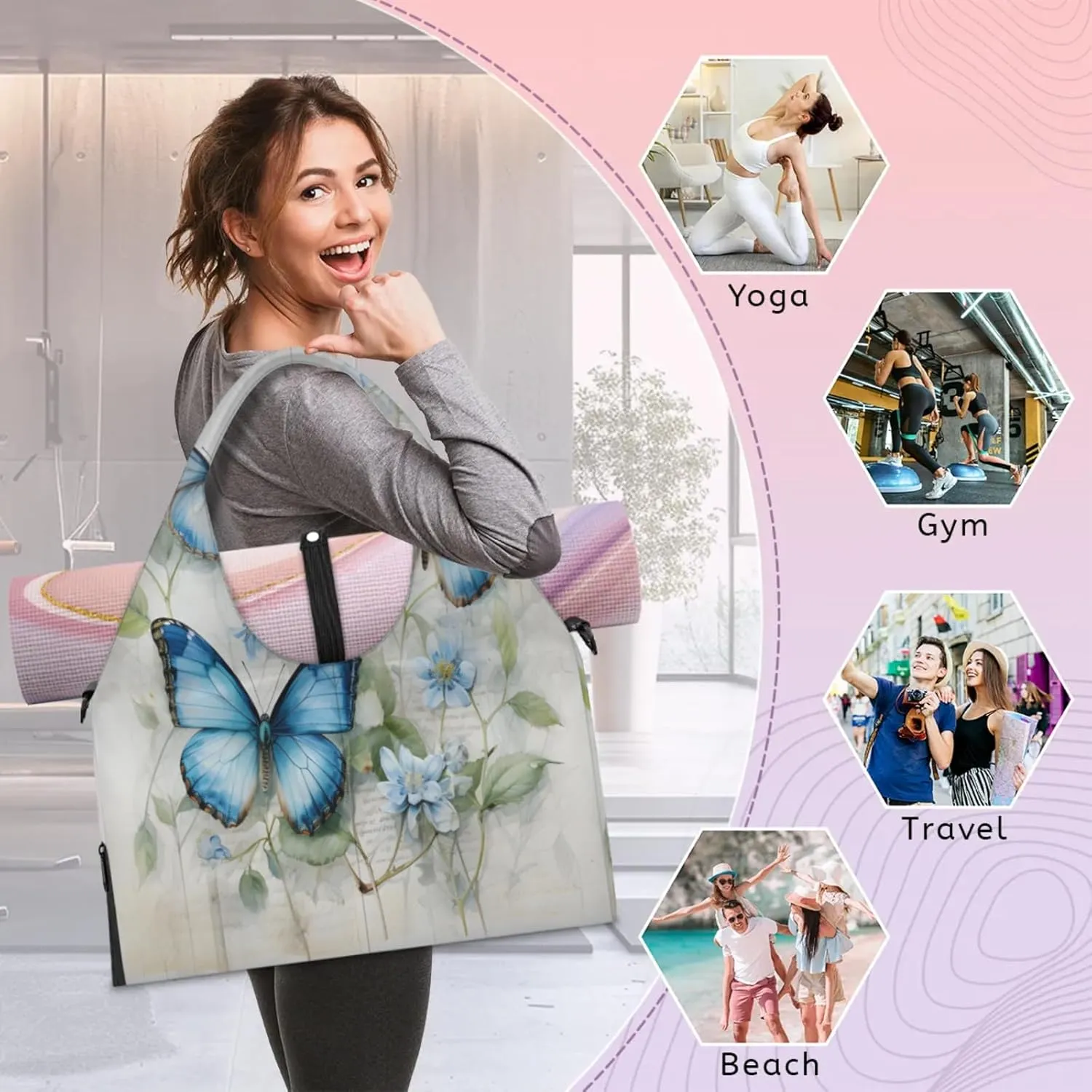 Blue Butterfly Floral Waterproof Gym Bag for Men Women, Sports Duffel Bag with Shoe Compartment Yoga Mat Holder, Portable Large Travel Bag for Fitness, Camping, Weekend Trips