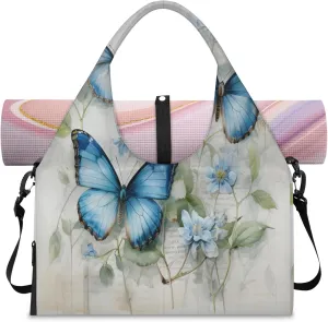 Blue Butterfly Floral Waterproof Gym Bag for Men Women, Sports Duffel Bag with Shoe Compartment Yoga Mat Holder, Portable Large Travel Bag for Fitness, Camping, Weekend Trips