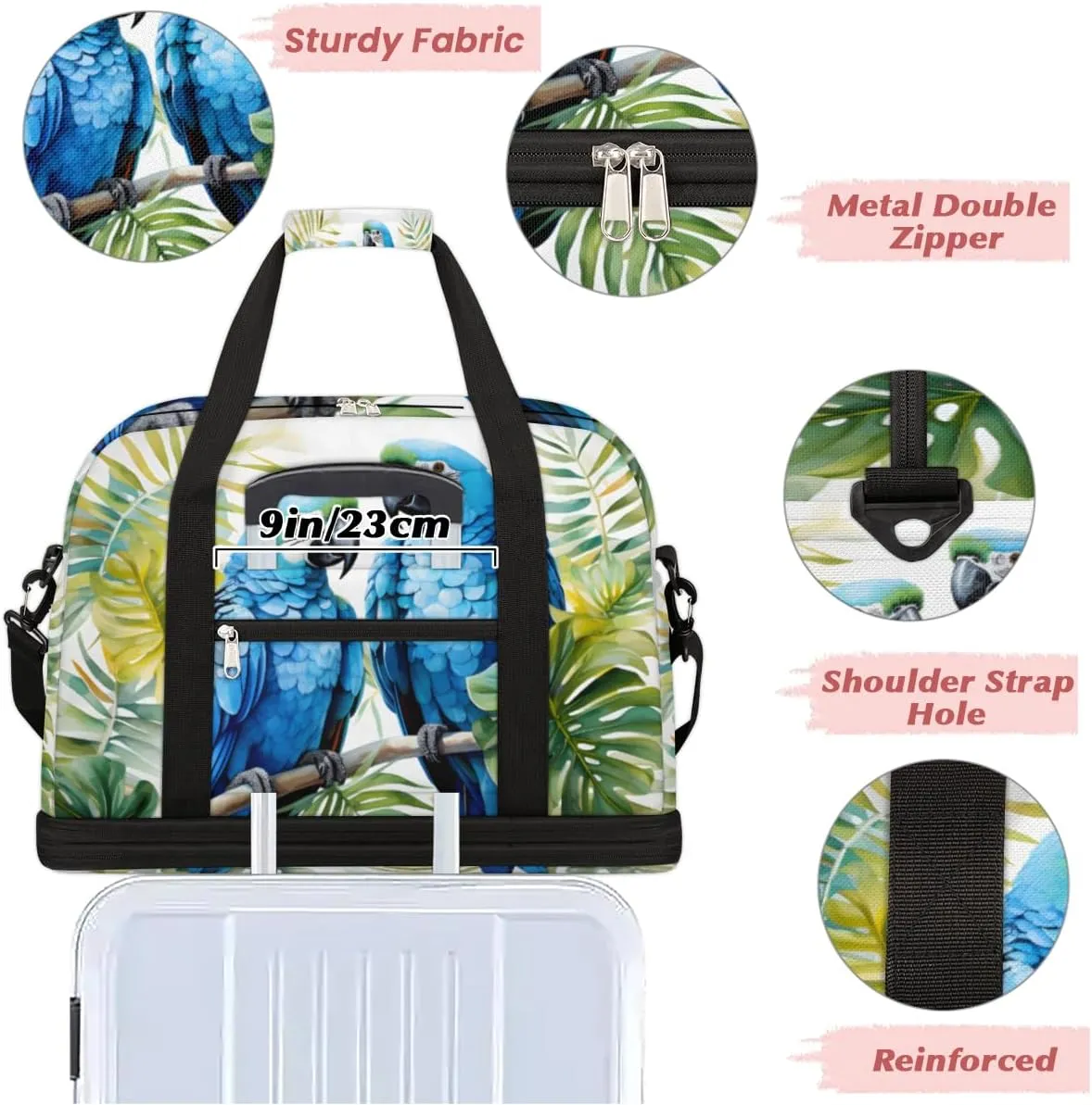 Blue Floral Bird Parrot Foldable Travel Duffel Bag Overnight Weekender Bag with Shoes Compartment Sports Gym Bag for Men Women
