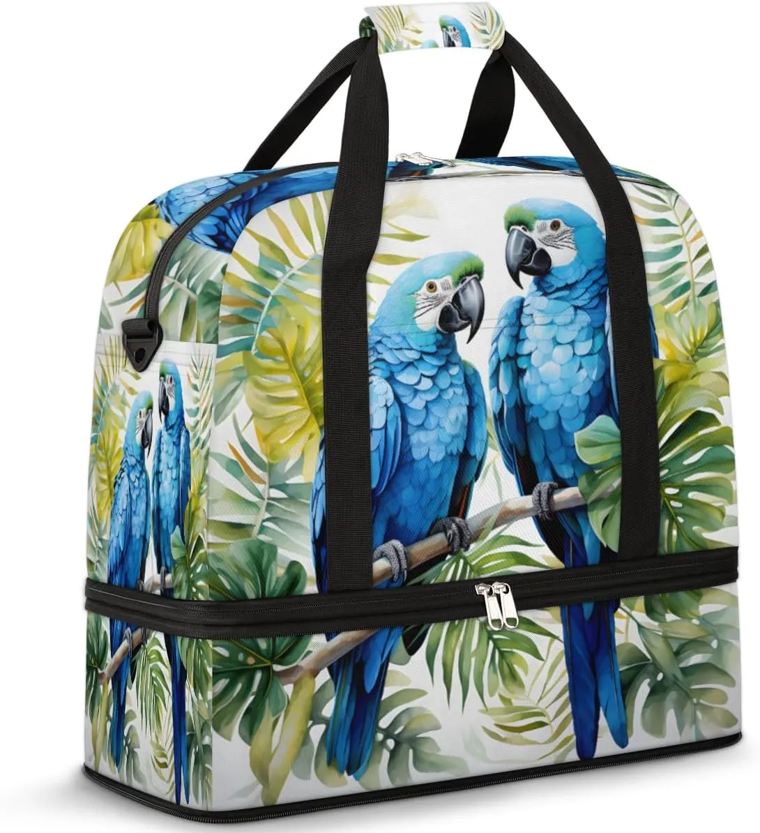 Blue Floral Bird Parrot Foldable Travel Duffel Bag Overnight Weekender Bag with Shoes Compartment Sports Gym Bag for Men Women