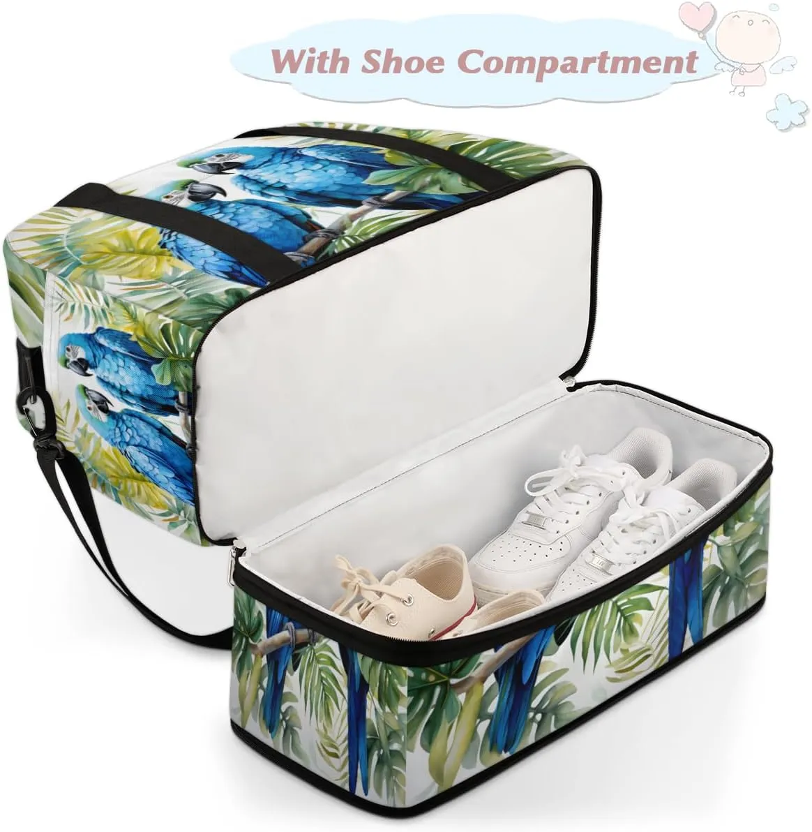 Blue Floral Bird Parrot Foldable Travel Duffel Bag Overnight Weekender Bag with Shoes Compartment Sports Gym Bag for Men Women