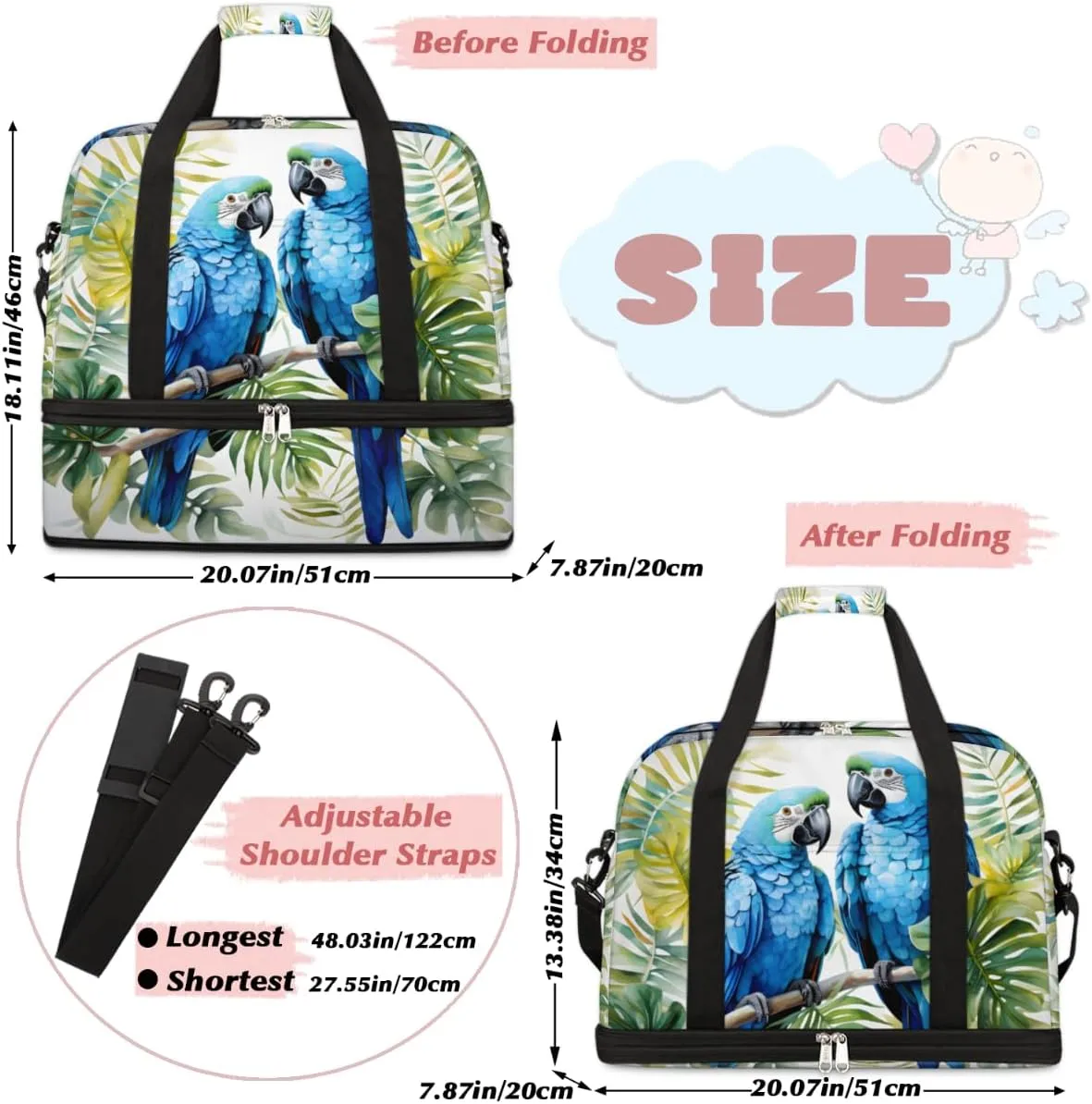Blue Floral Bird Parrot Foldable Travel Duffel Bag Overnight Weekender Bag with Shoes Compartment Sports Gym Bag for Men Women