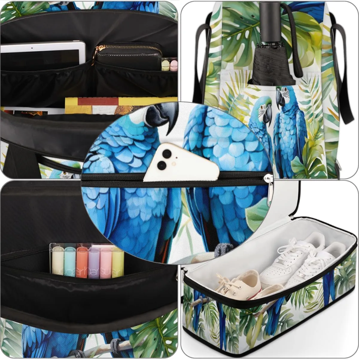 Blue Floral Bird Parrot Foldable Travel Duffel Bag Overnight Weekender Bag with Shoes Compartment Sports Gym Bag for Men Women