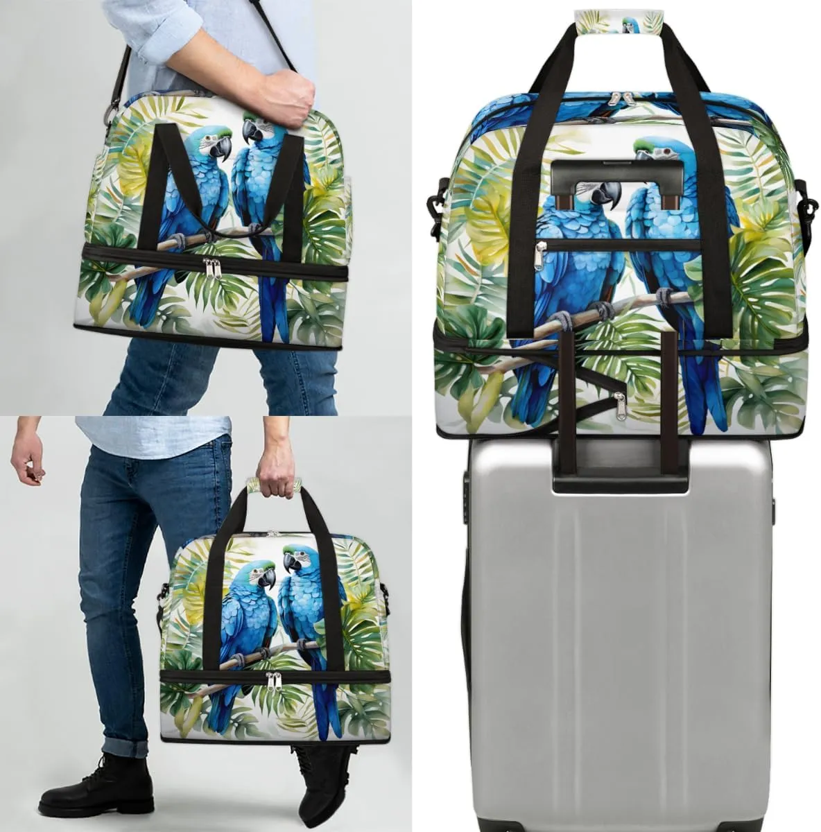 Blue Floral Bird Parrot Foldable Travel Duffel Bag Overnight Weekender Bag with Shoes Compartment Sports Gym Bag for Men Women