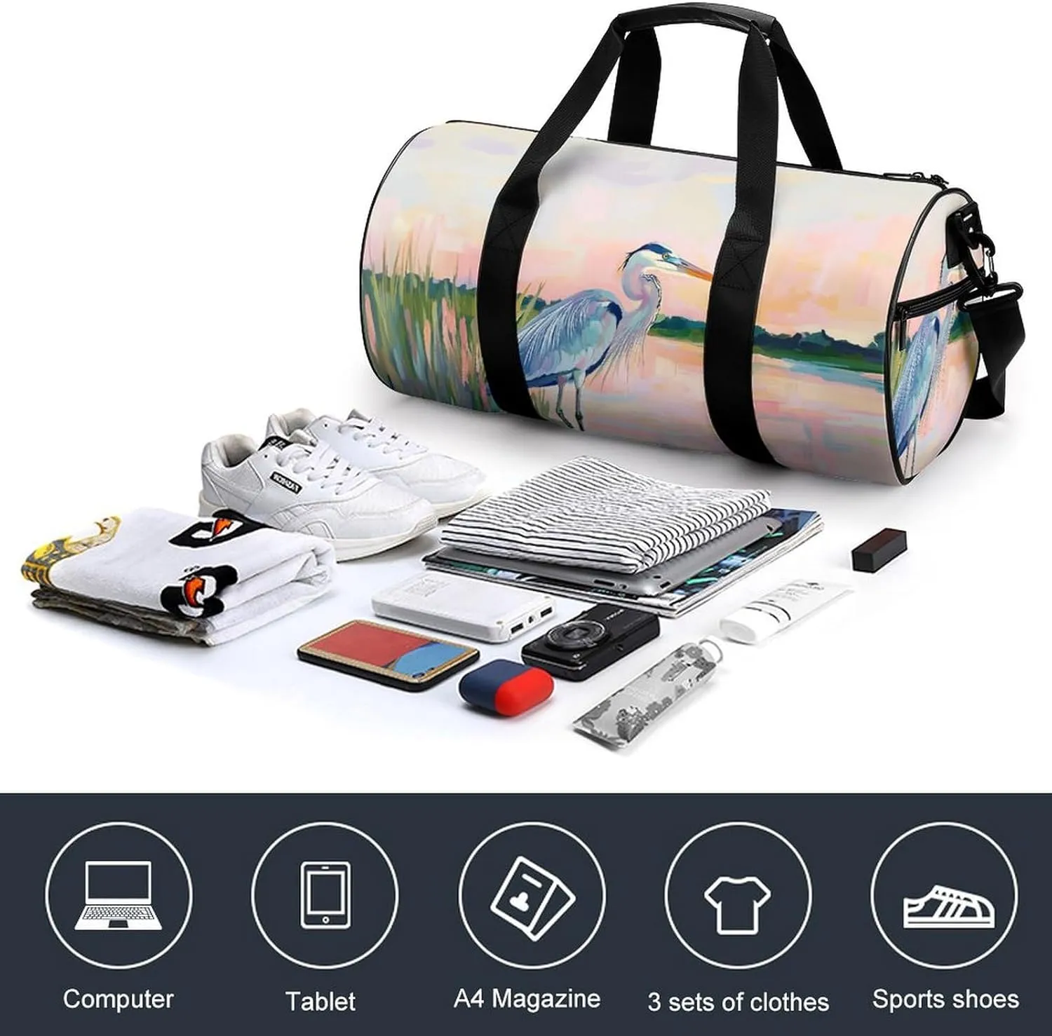 Blue Heron Travel Gym Bag for Women Men Cylindrical Duffle Bag Sport Workout Bag with Shoulder Strap