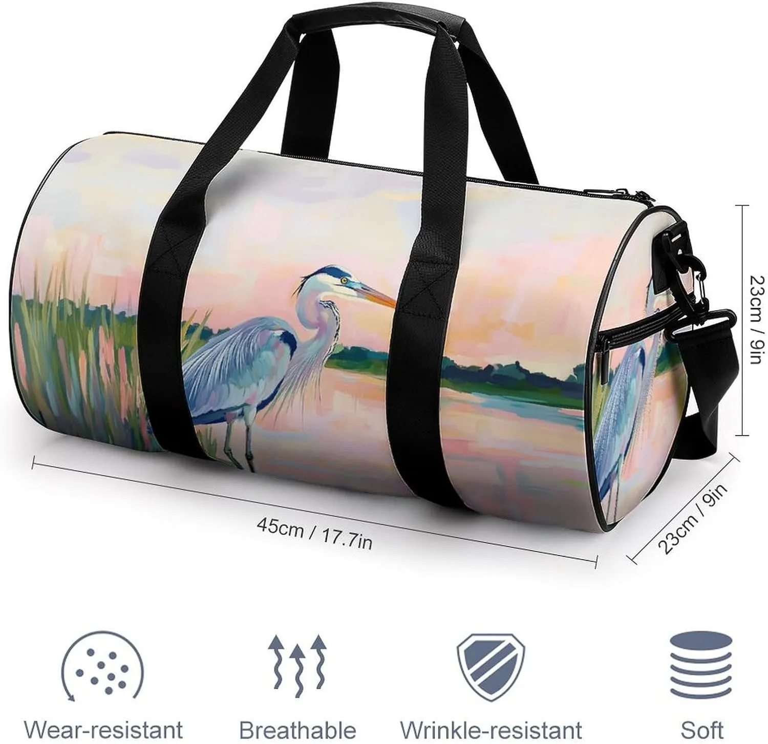 Blue Heron Travel Gym Bag for Women Men Cylindrical Duffle Bag Sport Workout Bag with Shoulder Strap