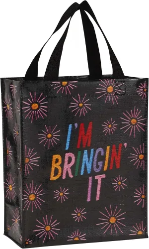 Blue Q Handy Tote, I'm Bringin' It. Reusable lunch sack, little gift bag, hostess present, easy-to-wipe-clean, 95% recycled material, 10" h x 8.5" w x 4.5" d