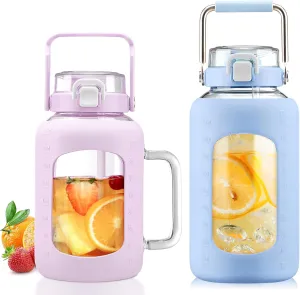 BLUEGO 64oz and 84oz Glass Water Bottles Bundle(64 Purple   84 Blue) with Straw and Lids Handle Large Water Tumbler with Sleeve, Glass Water Container, 2 Liter Water Jug Glass, BPA Free