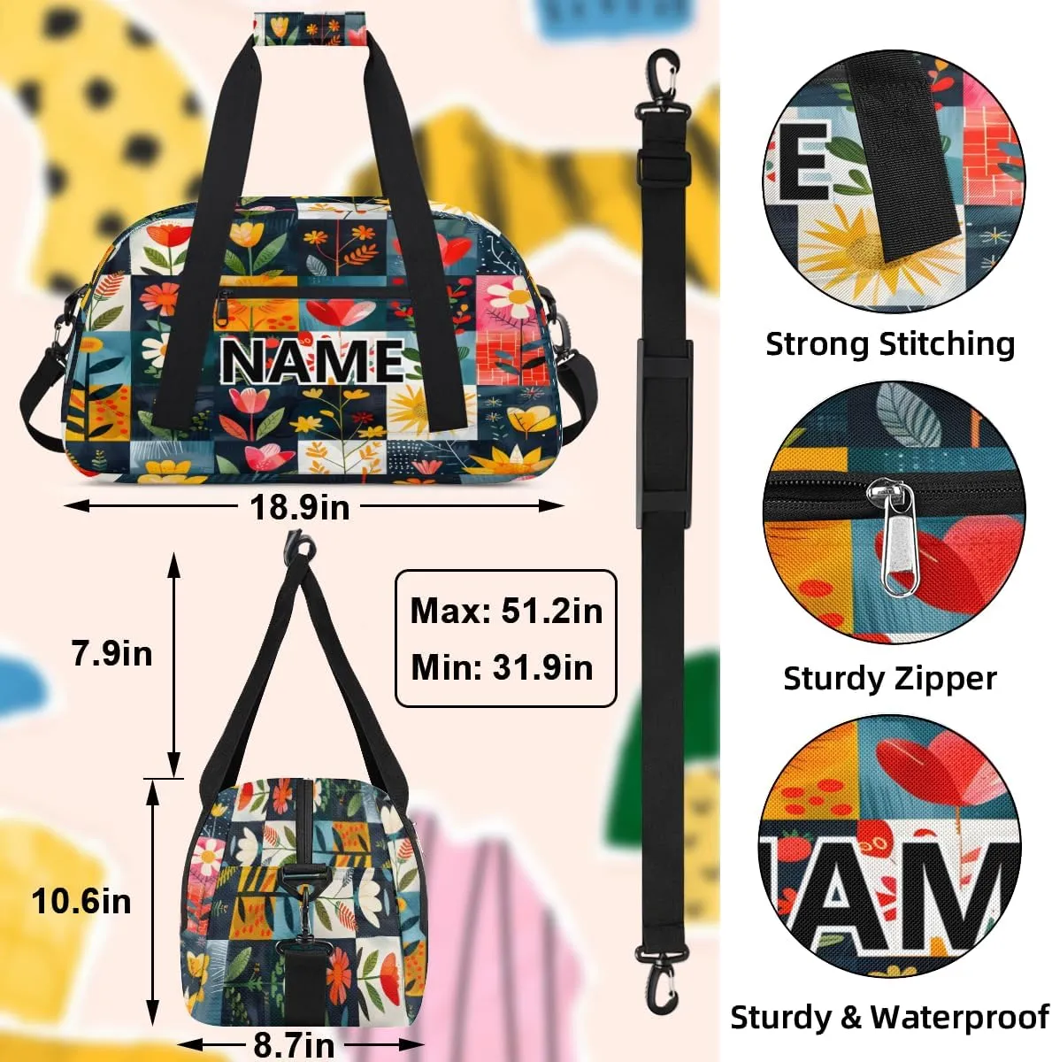 Boho Floral Botanical Mini Gym Bag 18 inch for Women Men Waterproof Custom Flowers Tropical Travel Duffel Bag Carry On Overnight Tote Nurse Bag for Work Fitness Hiking