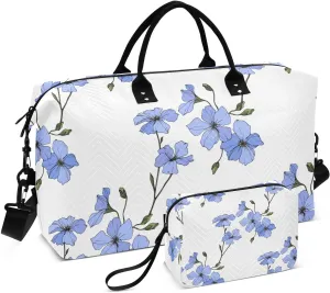 Bolaz Duffle Bag for Travel-Blue Flax Flower，Weekender Overnight Bag with Wet Pocket for Women，Large Carry On Airport Bag with Toiletry Bag for Travel, Business Trips, Sports