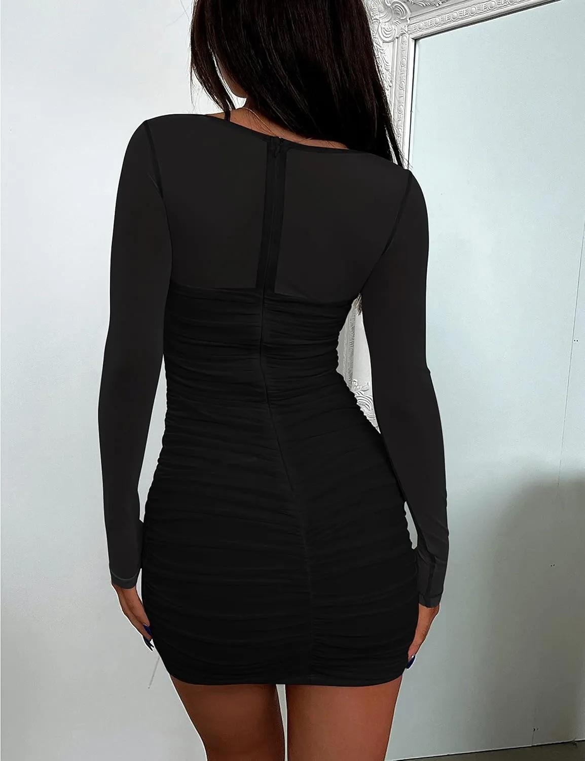 BORIFLORS Women's Sexy Ruched Bodycon Mini Dress Mesh Long Sleeve Club Party Short Dresses