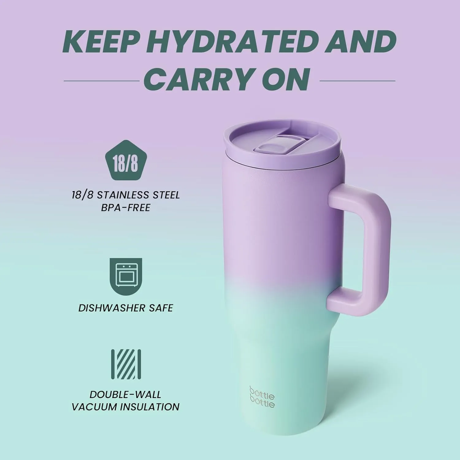 BOTTLE BOTTLE 40 oz Tumbler with Handle and Straw, Stainless Steel Vacuum Travel Mug,Car Cup, water bottle for Gifts Party Office Coffee (Purple Green)
