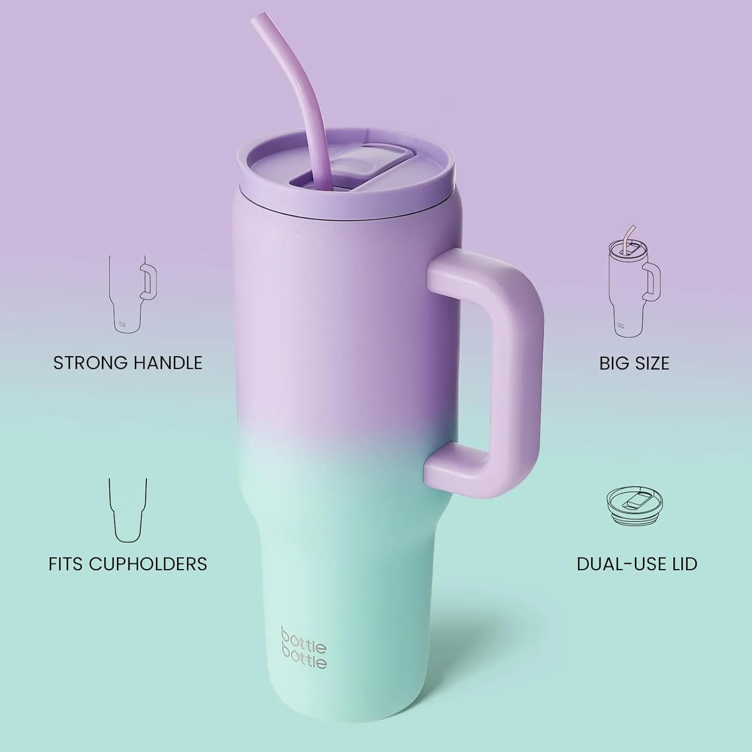 BOTTLE BOTTLE 40 oz Tumbler with Handle and Straw, Stainless Steel Vacuum Travel Mug,Car Cup, water bottle for Gifts Party Office Coffee (Purple Green)