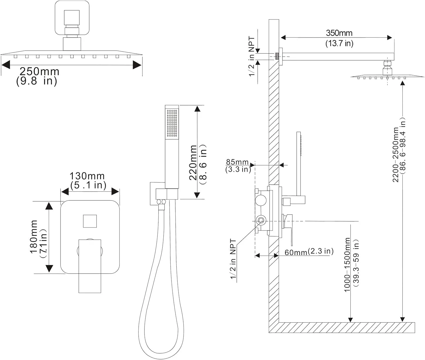 Brushed Bathroom Luxury Rain Mixer Combo Set Wall Mounted Rainfall Shower Head System, Shower Head System Shower Faucet Rough-in Valve Body and Trim Included