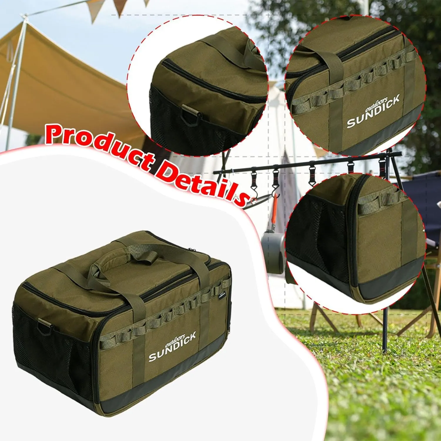 Camping Carrying Bag Shoulder Bag 36 L Capacity Anti Collision Three Compartments Cooker Barbecue Handbag for Cooking Garden, Green