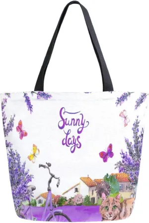 Canvas Tote Bag Lavender Flowers Vintage Women Shoulder Bag Village Houses Summer Butterflies Reusable Grocery Bags Large Handbag Travel Shopping Bag for School Nursing Gift Outdoors