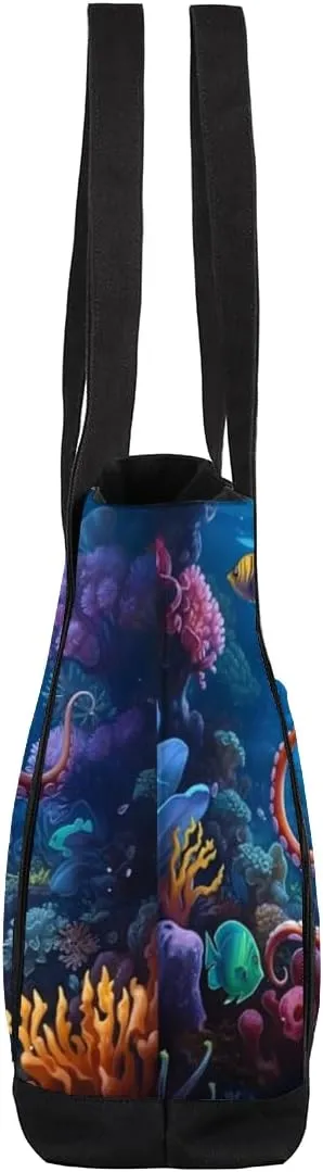 Canvas Tote Bag Sharks Dark Blue Tote Bag for Women with Zipper Shoulder Bag Reusable Grocery Bags
