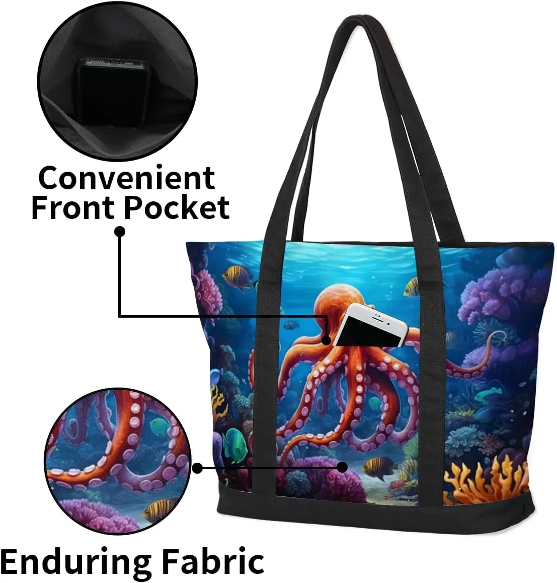 Canvas Tote Bag Sharks Dark Blue Tote Bag for Women with Zipper Shoulder Bag Reusable Grocery Bags