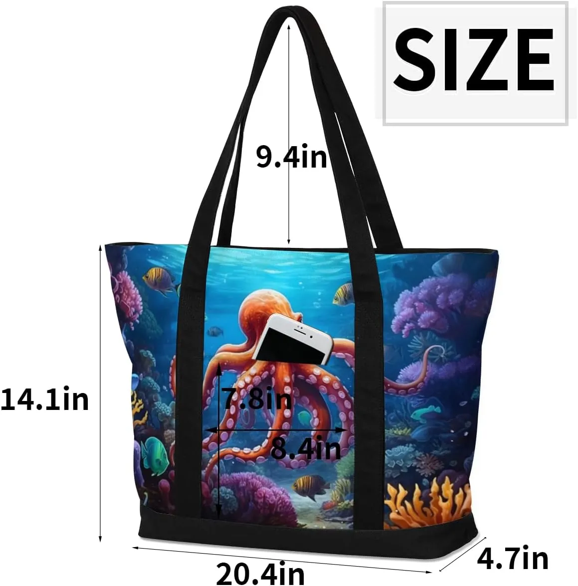 Canvas Tote Bag Sharks Dark Blue Tote Bag for Women with Zipper Shoulder Bag Reusable Grocery Bags