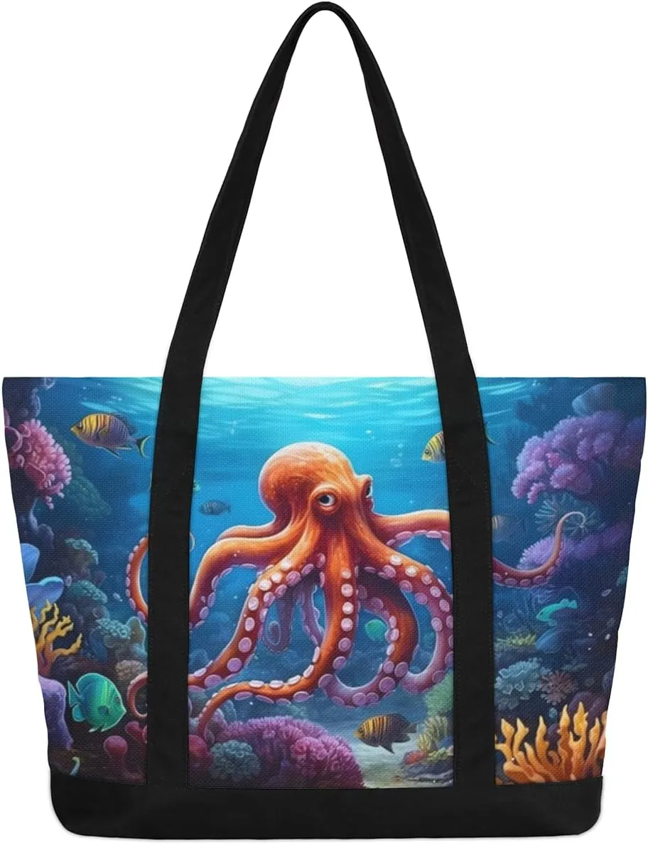 Canvas Tote Bag Sharks Dark Blue Tote Bag for Women with Zipper Shoulder Bag Reusable Grocery Bags