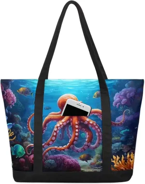 Canvas Tote Bag Sharks Dark Blue Tote Bag for Women with Zipper Shoulder Bag Reusable Grocery Bags