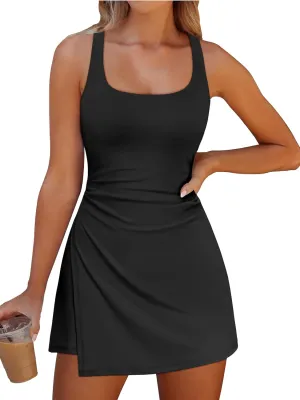 Caracilia Womens Tennis Dress Built in Shorts Square Neck Sleeveless Workout Athletic Mini Skort Dress Golf Summer Outfits