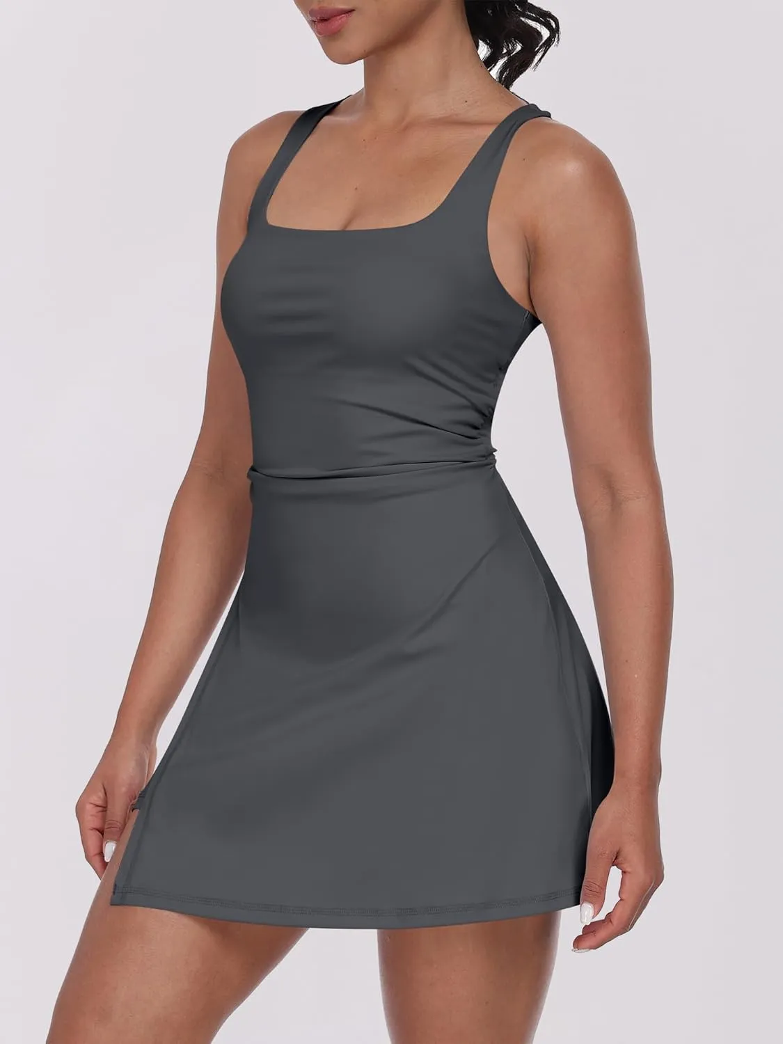 Caracilia Womens Tennis Dress Built in Shorts Square Neck Sleeveless Workout Athletic Mini Skort Dress Golf Summer Outfits