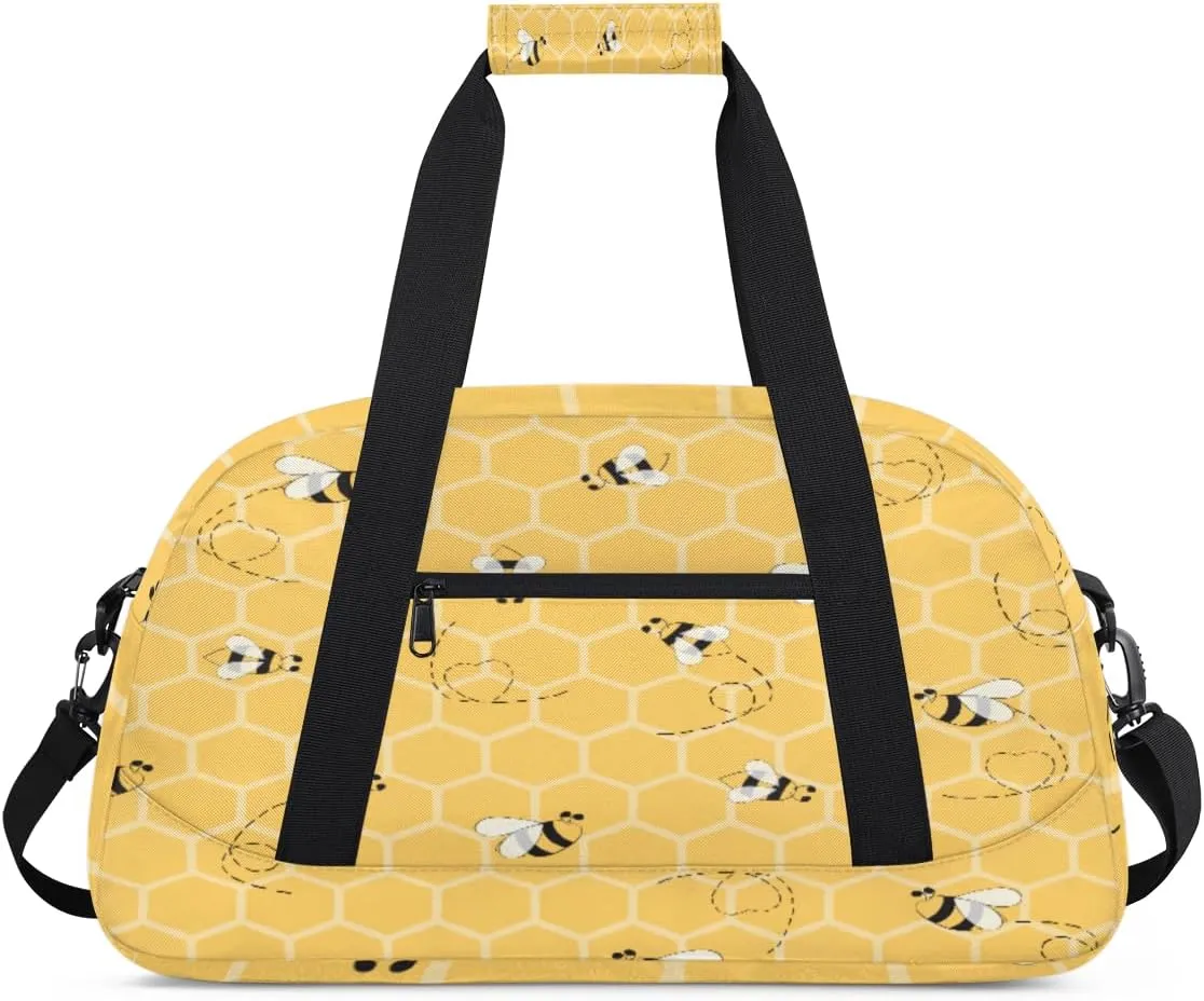 Cartoon Bee Gym Duffel Bag for Men Women Honeycomb Sports Tote Bag with Adjustable Shoulder Strap for Dance Gymnastics Traveling Outdoor Camping Overnight Stay