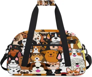 Cartoon Dogs Gym Duffel Bag for Men Women Doodle Colorful Sports Tote Bag with Adjustable Shoulder Strap for Dance Gymnastics Traveling Outdoor Camping Overnight Stay