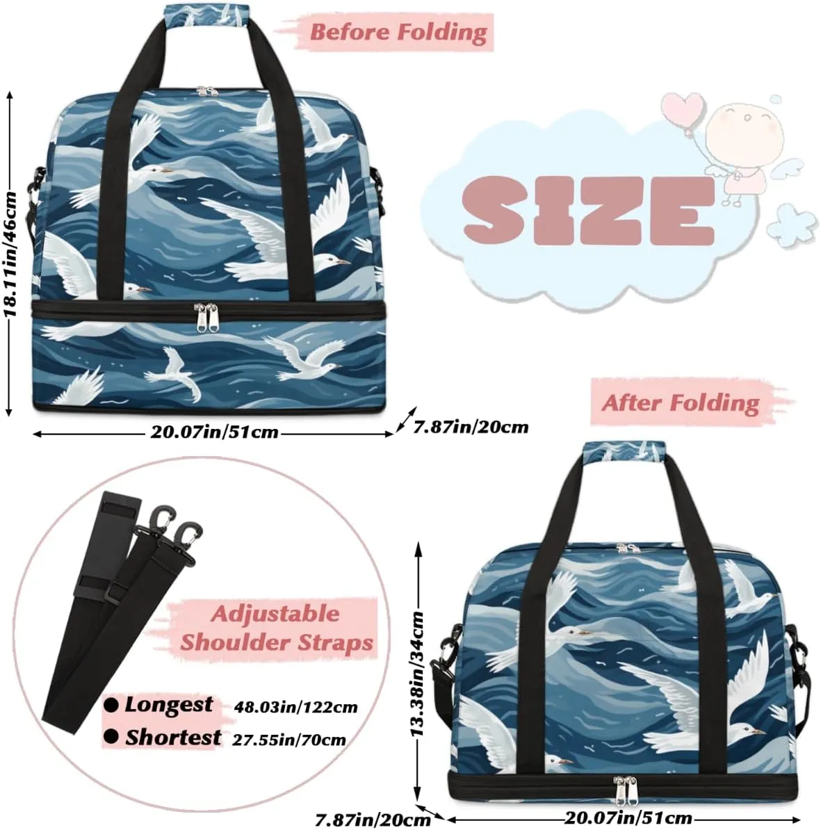 Cartoon Seagull Bird Foldable Travel Duffel Bag Overnight Weekender Bag with Shoes Compartment Sports Gym Bag for Men Women