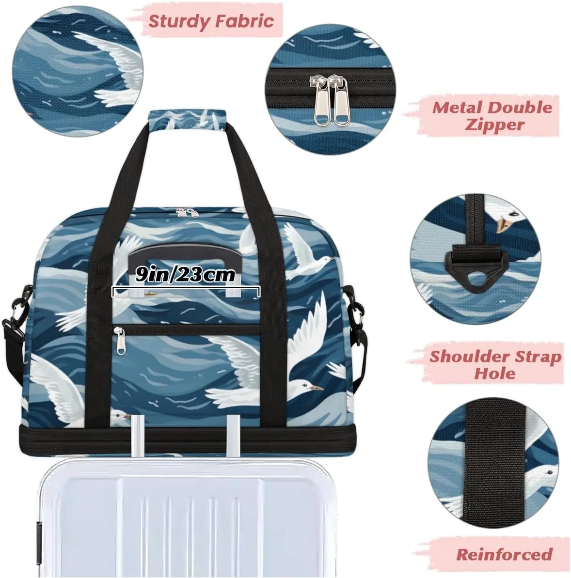 Cartoon Seagull Bird Foldable Travel Duffel Bag Overnight Weekender Bag with Shoes Compartment Sports Gym Bag for Men Women