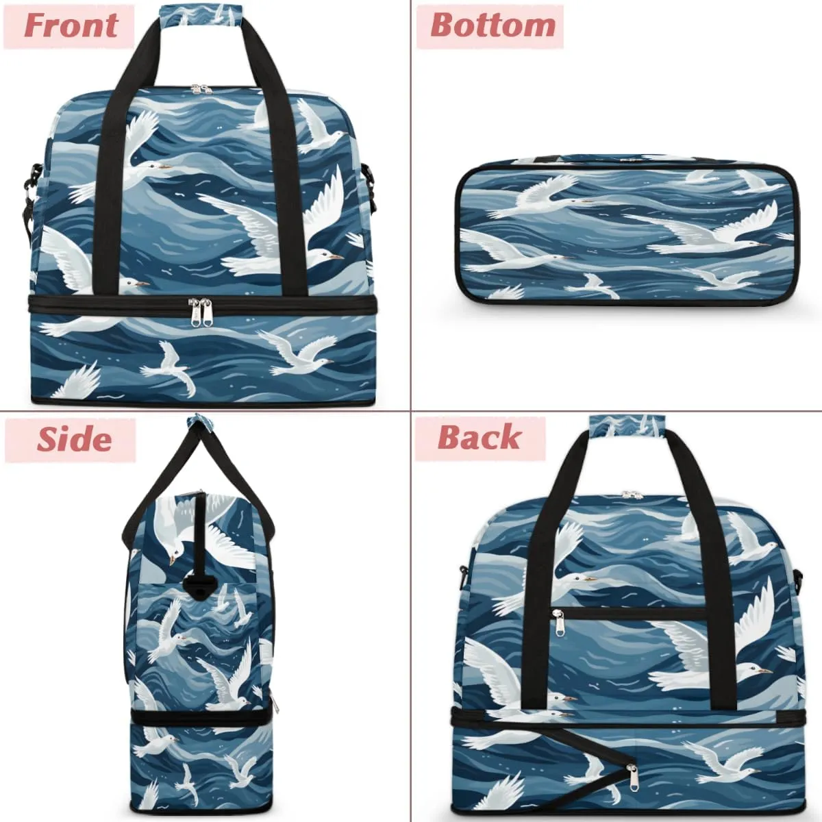 Cartoon Seagull Bird Foldable Travel Duffel Bag Overnight Weekender Bag with Shoes Compartment Sports Gym Bag for Men Women