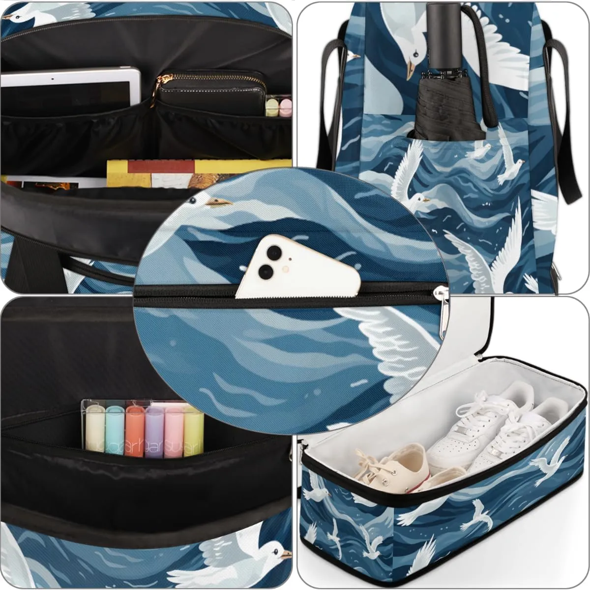 Cartoon Seagull Bird Foldable Travel Duffel Bag Overnight Weekender Bag with Shoes Compartment Sports Gym Bag for Men Women