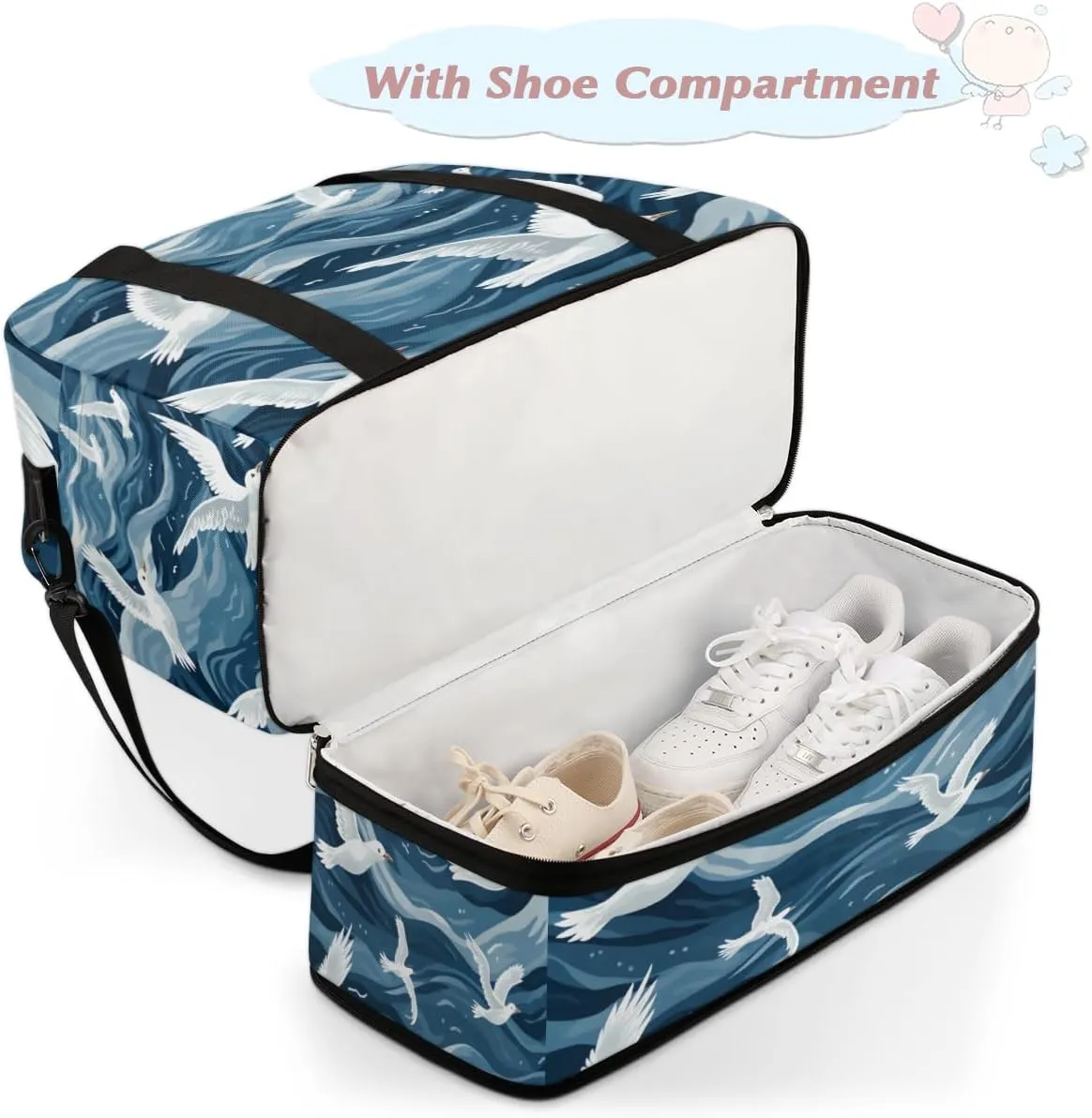 Cartoon Seagull Bird Foldable Travel Duffel Bag Overnight Weekender Bag with Shoes Compartment Sports Gym Bag for Men Women