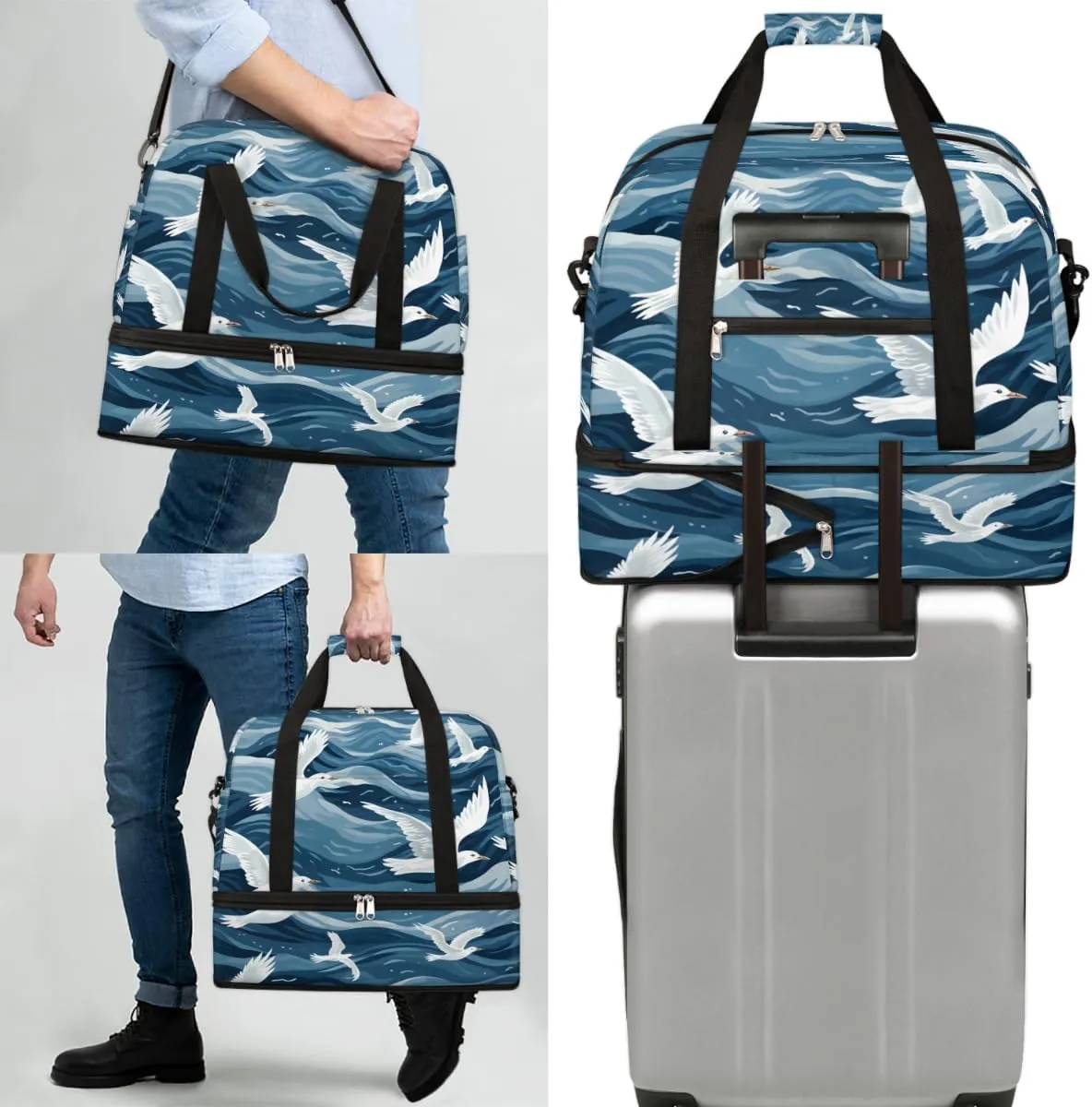 Cartoon Seagull Bird Foldable Travel Duffel Bag Overnight Weekender Bag with Shoes Compartment Sports Gym Bag for Men Women