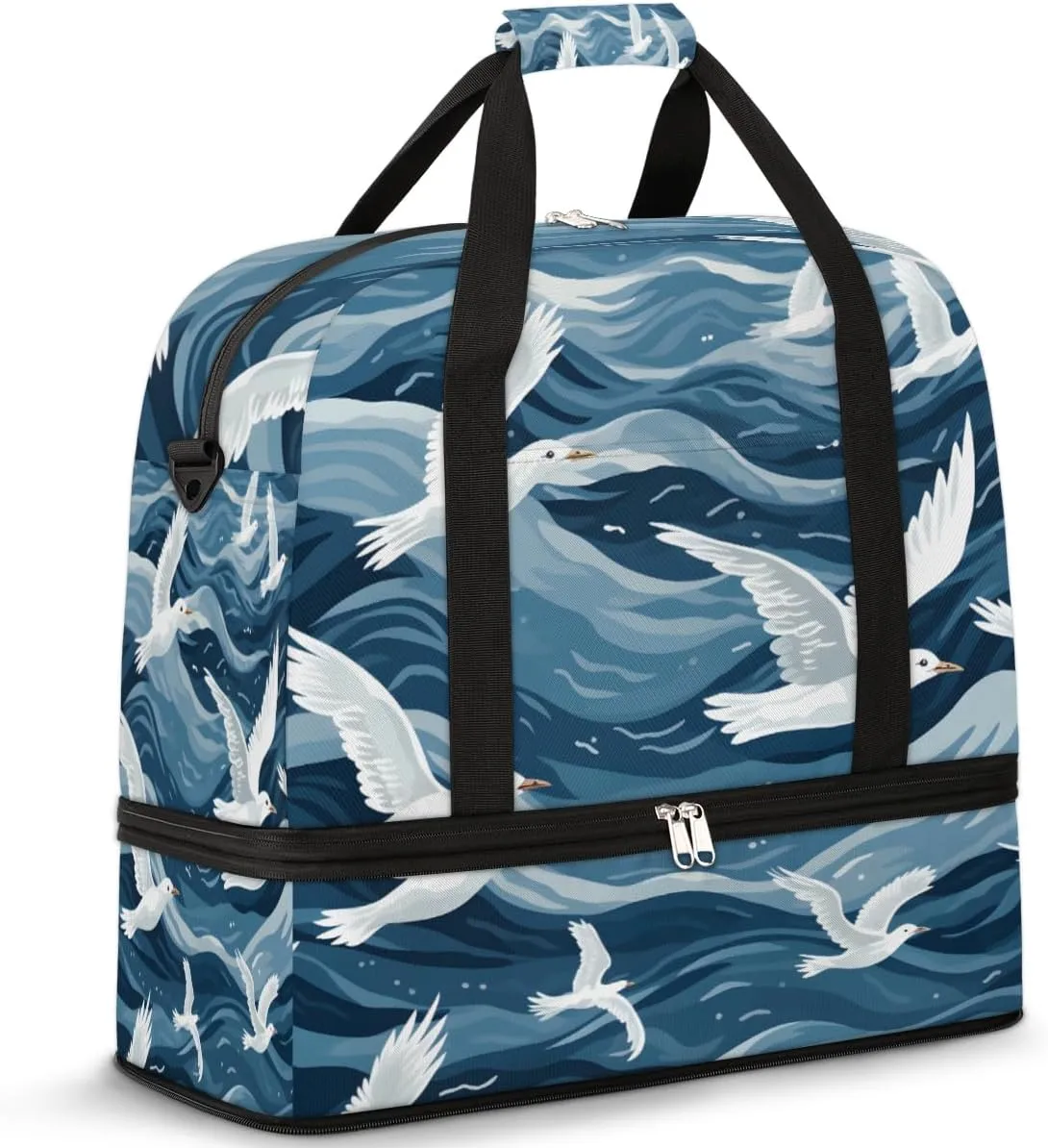 Cartoon Seagull Bird Foldable Travel Duffel Bag Overnight Weekender Bag with Shoes Compartment Sports Gym Bag for Men Women