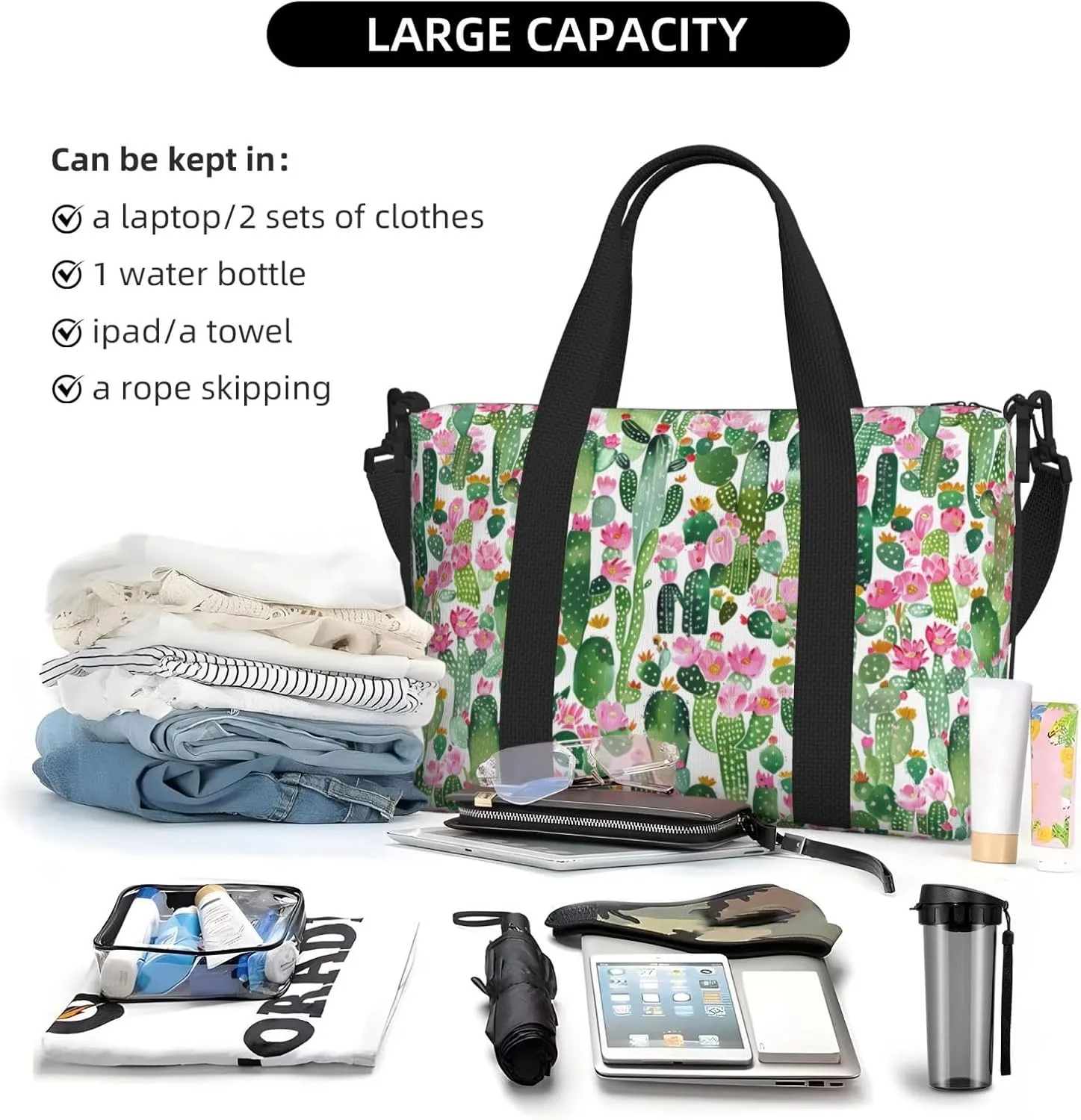Cartoon Tropical Plant Travel Duffel Bags for Women Men, Sports Training Gym Bag Dance Bag with Adjustable Shoulder Strap Cactus Flowers Weekender Overnight Bag