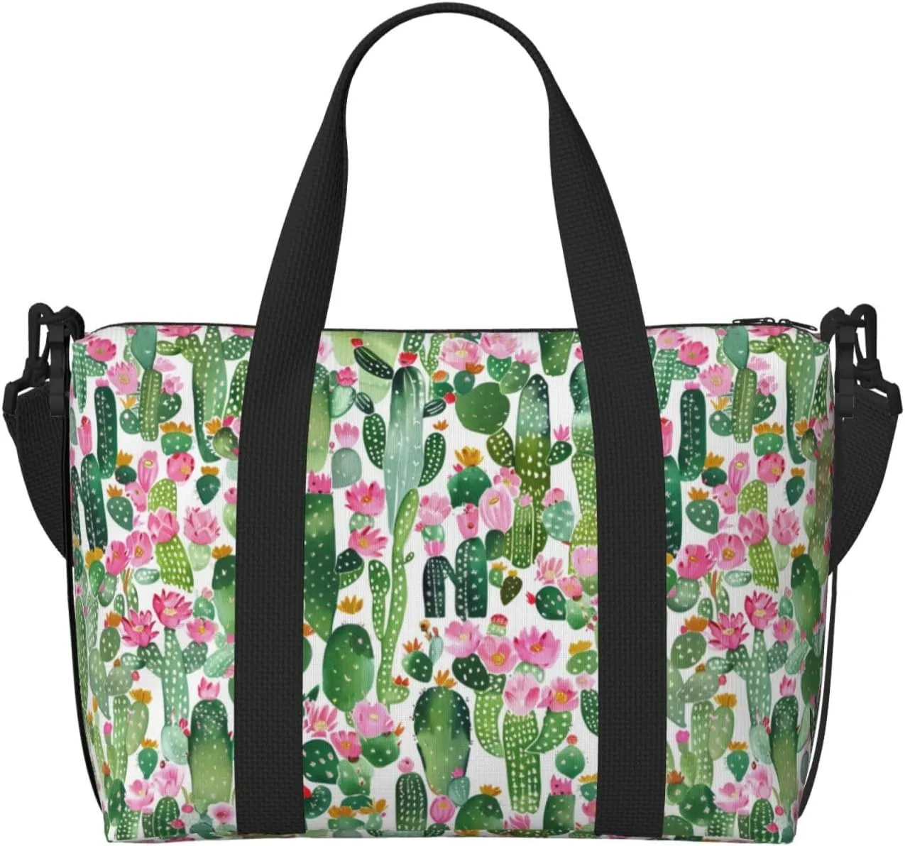 Cartoon Tropical Plant Travel Duffel Bags for Women Men, Sports Training Gym Bag Dance Bag with Adjustable Shoulder Strap Cactus Flowers Weekender Overnight Bag