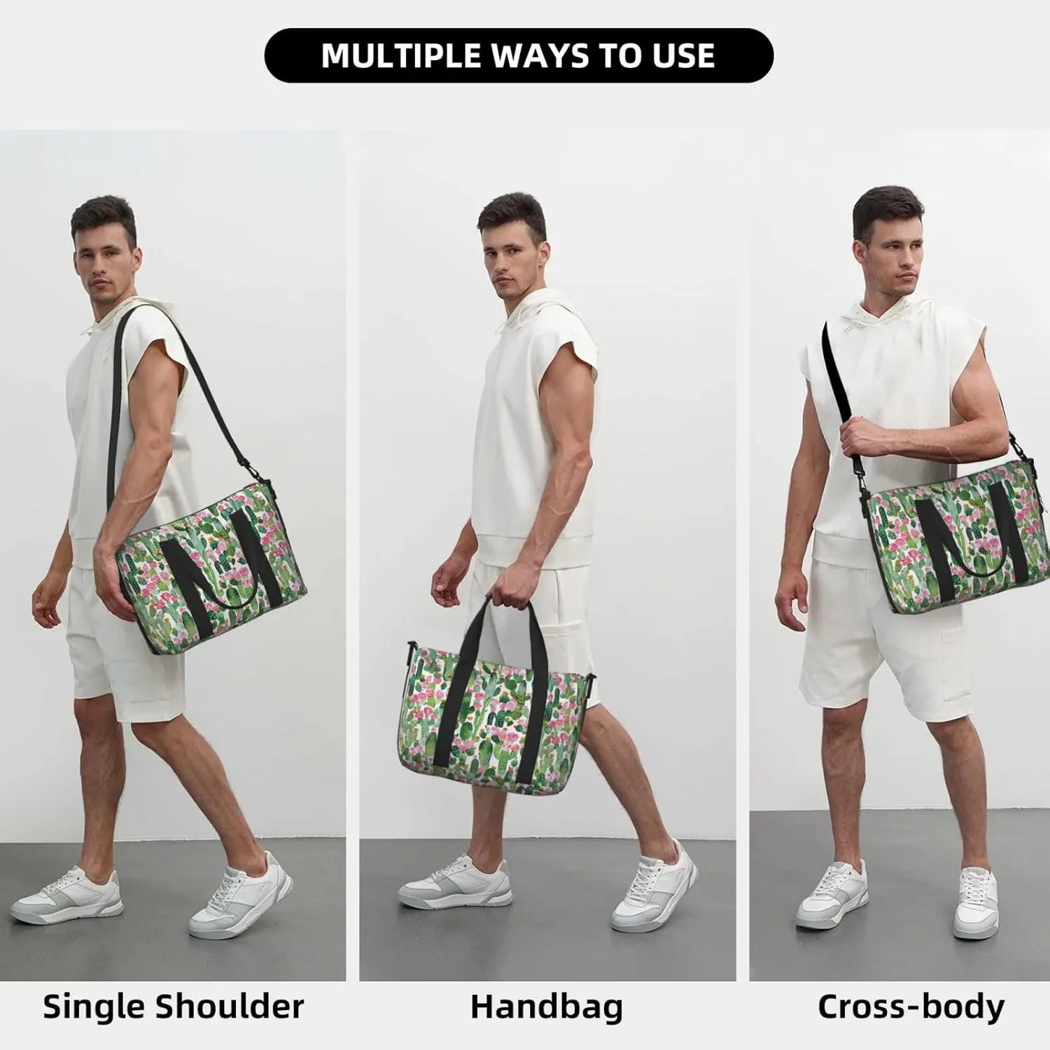 Cartoon Tropical Plant Travel Duffel Bags for Women Men, Sports Training Gym Bag Dance Bag with Adjustable Shoulder Strap Cactus Flowers Weekender Overnight Bag