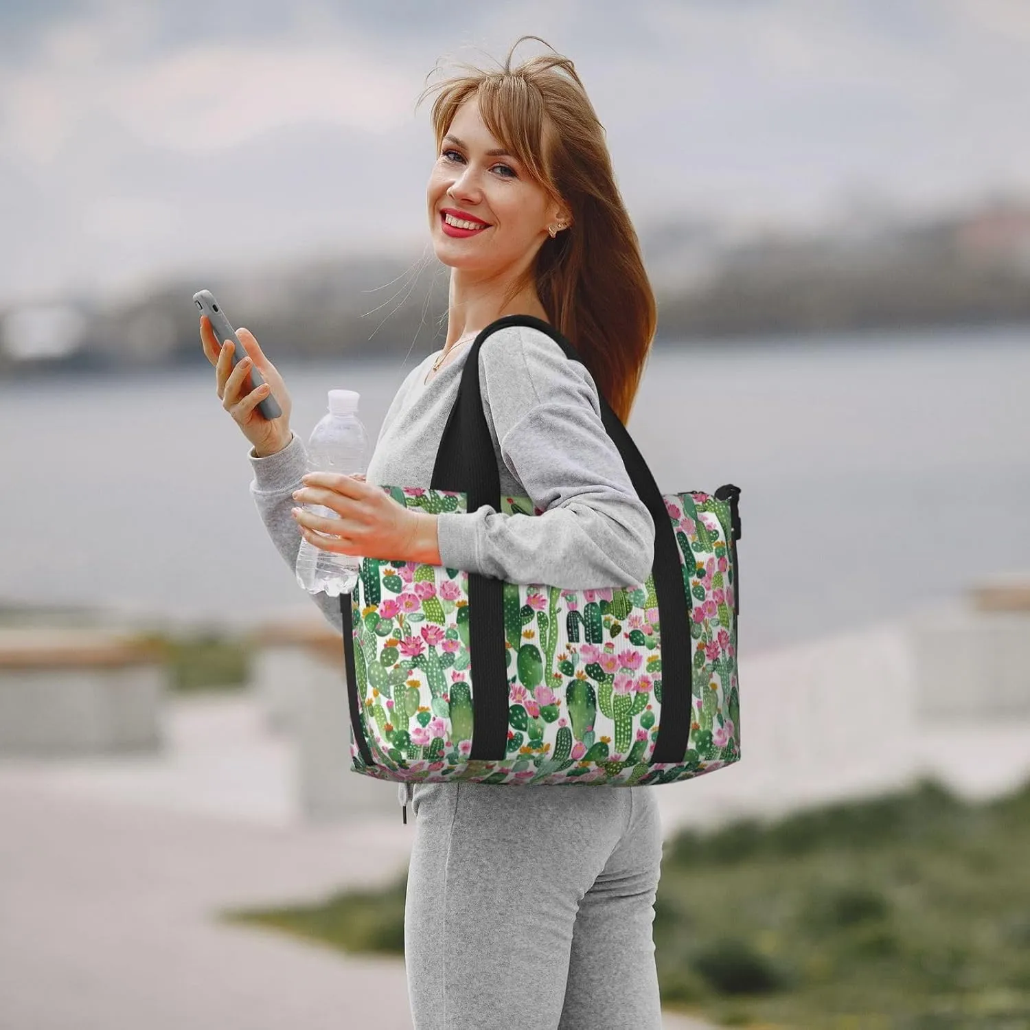 Cartoon Tropical Plant Travel Duffel Bags for Women Men, Sports Training Gym Bag Dance Bag with Adjustable Shoulder Strap Cactus Flowers Weekender Overnight Bag