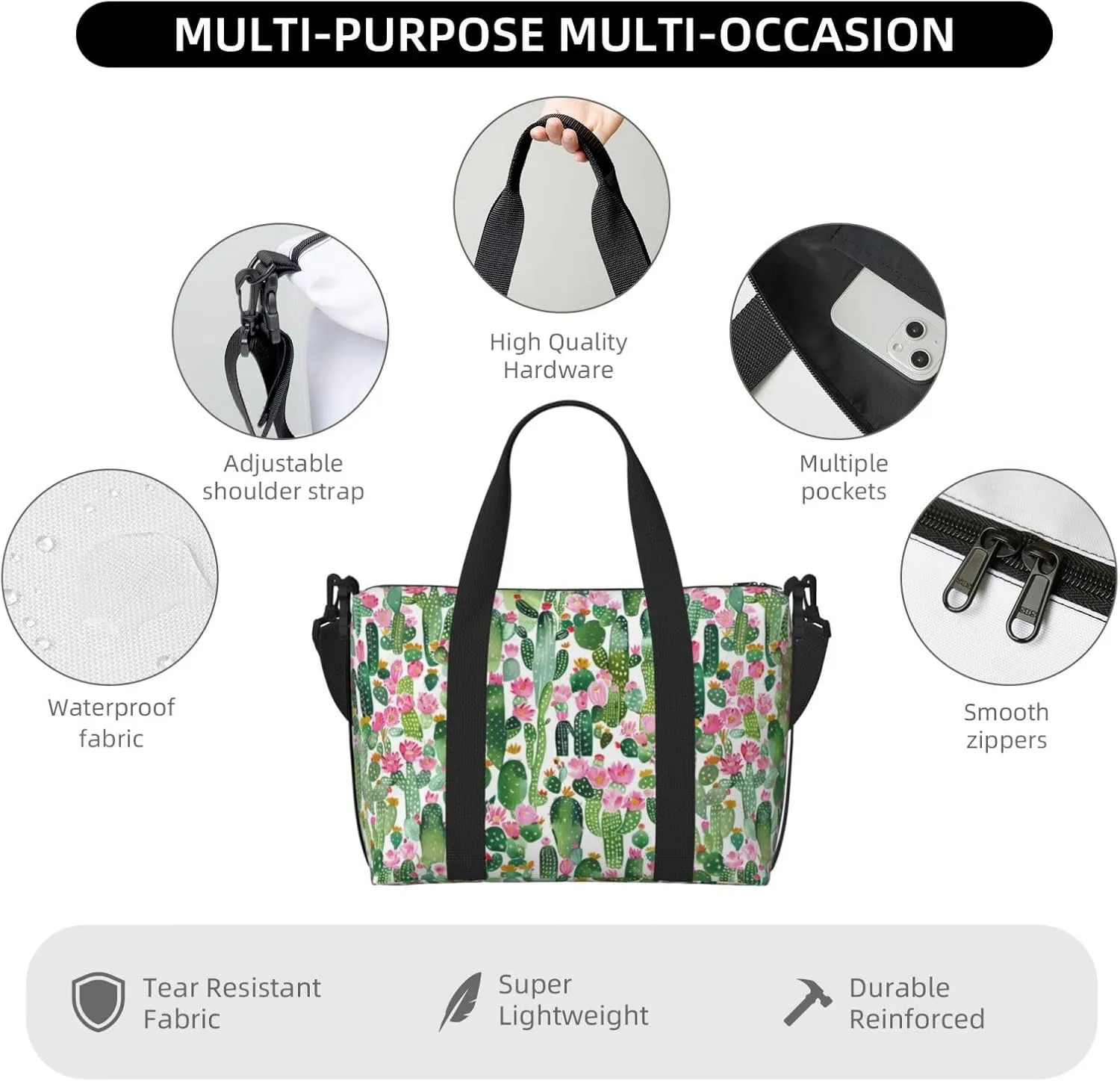 Cartoon Tropical Plant Travel Duffel Bags for Women Men, Sports Training Gym Bag Dance Bag with Adjustable Shoulder Strap Cactus Flowers Weekender Overnight Bag